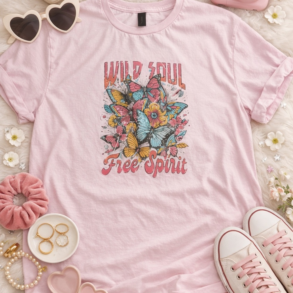 Pink Graphic Tee with Butterfly Design